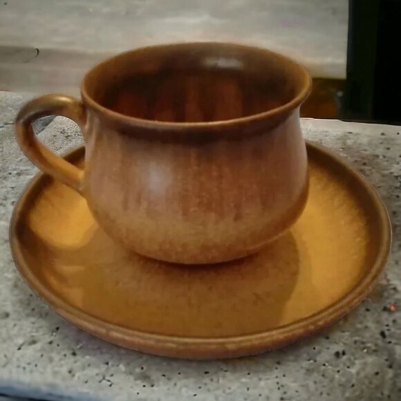 Vtg Denby brown drip made in England stoneware tea cup coffee mug with saucer - Picture 1 of 10
